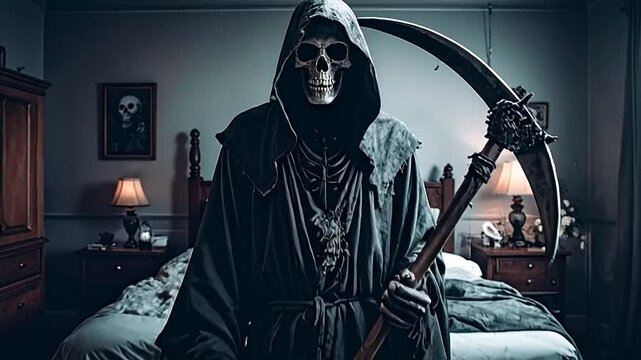 Grim Reaper, cloaked in dark robes and holding a scythe, stands in a dimly lit bedroom, a chilling symbol of mortality and the inevitable end
