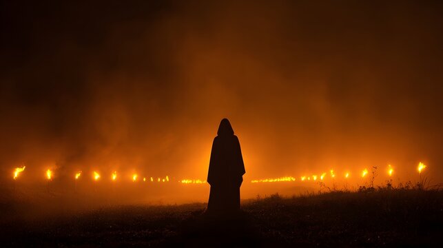 Solitary cloaked figure stands amidst a line of glowing torches in dark, atmospheric setting