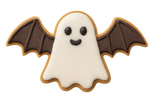 Halloween ghost bat cookie with white icing and transparent background