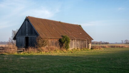 Obraz premium A vintage rustic sheep shelter bathed in dawn light on a serene island