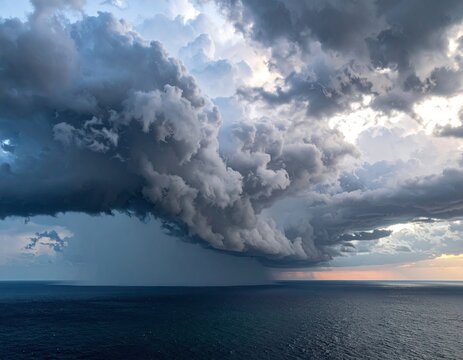 Dramatic Cumulonimbus Clouds Over Dark Blue Ocean Water Before The Storm with Rain and Sunlight