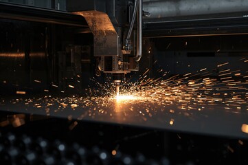 Industrial laser cutting process on sheet metal producing sparks