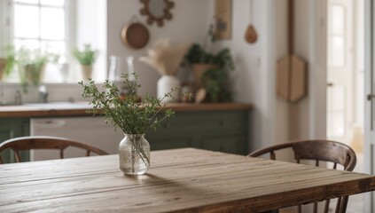 Fototapeta premium Cozy home interior featuring a minimalist kitchen with wooden accents and a green plant centerpiece.