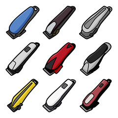 collection of colorful electric hair clippers isolated on white background