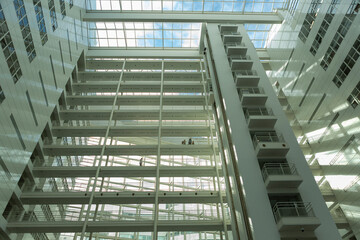 Looking up at skylight of City Hall atrium modern architecture hallway public service building