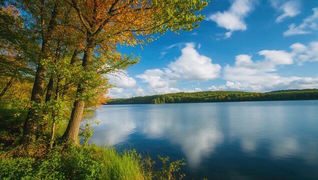 Extended exposure capturing a serene lakeshore with vibrant foliage and moving clouds, perfect for backgrounds or inspirational text - Powered by Adobe