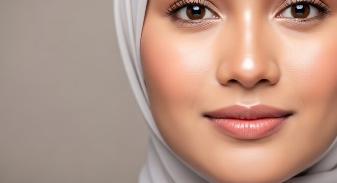 Hyper-Detailed Close-up Portrait Muslim Woman Model Looking at Camera Showing Perfected Dewy Skin Texture - Ultimate Skincare Result