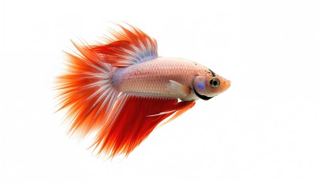 Multi-hued Rosetail betta splendens displayed on a plain white backdrop.