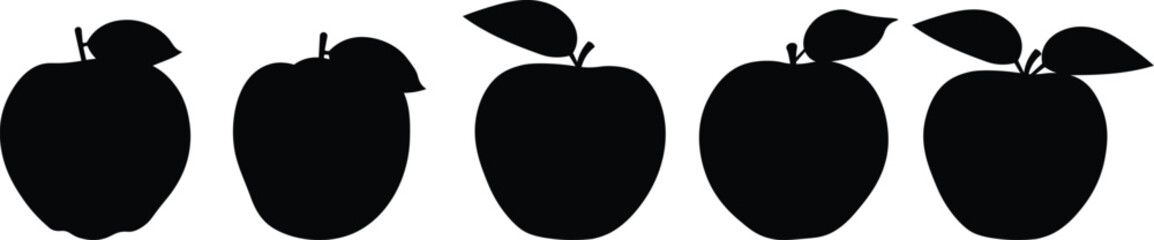 Set of Apple Fruit Silhouettes with Leaf. Minimalist Black Apple isolated on white background. Vector Illustration