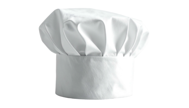 A crisp white chef's hat, perfectly shaped and softly lit, standing against a dark, blurry background