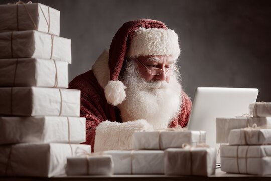 Santa Claus works on laptop with presents stacked high, concept for online Christmas shopping, holiday promotion and seasonal e-commerce strategy - Powered by Adobe