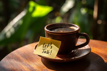 Steaming cup of dark coffee with sticky note 'Let's Talk!' on a wooden table with green backdrop. Concept for casual meeting, open communication and informal discussion