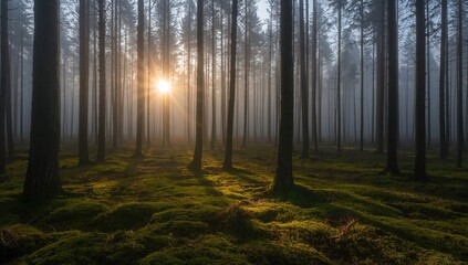 Fototapeta premium Dense pine woods shrouded in morning mist with glowing sun rays and lush green moss. Enchanting autumn scenery with towering trees and beams of light.