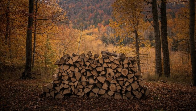 Stack of firewood with a dense green forest in the background, ideal for a warm cabin atmosphere