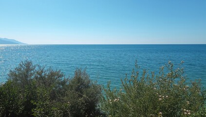 The serene azure waters extended endlessly, sparkling gently beneath the warm sun. The coastline was wrapped in lush greenery and tranquility.