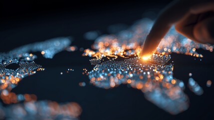 Human finger touches a digital world map made of glowing dots on a dark surface, concept for global network connections, digital transformation and technological innovation, worldwide communication
