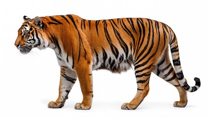 Obraz premium Profile of a Tiger Standing Against a Plain White Backdrop