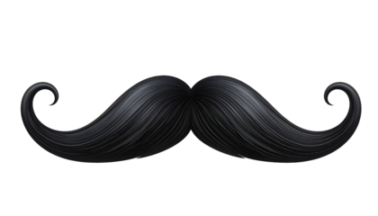 A digitally created, stylized, curled, and glossy dark mustache isolated against a black background