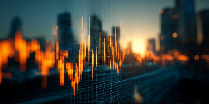 Financial chart overlaying blurred cityscape at sunset, depicting economic trends and market analysis, concept for investment strategies, business intelligence and financial forecasting