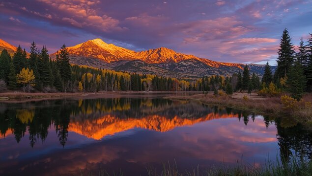 Sunset Alpenglow Over a Mountain Lake