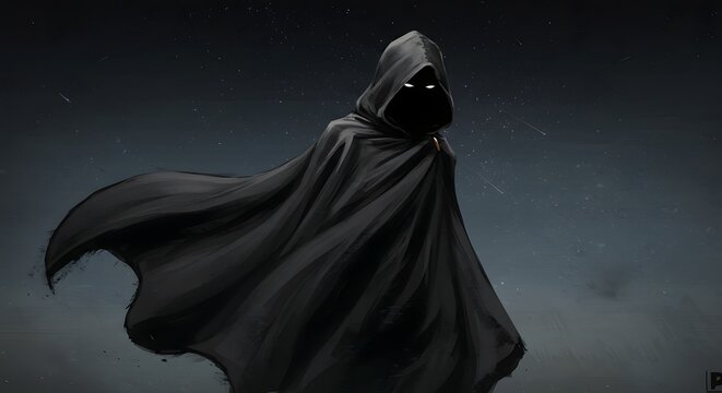 Figure in hooded cloak, staring forward against a starry backdrop. Mysterious and imposing - Powered by Adobe