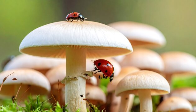 Ladybugs on mushrooms in a forest - Powered by Adobe