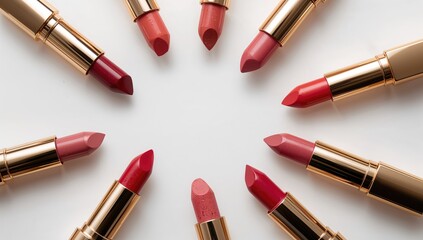 Assorted bright lipstick colors arranged separately on a white background