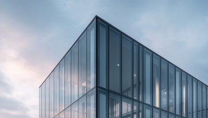 Colored glass exterior with curved glass panels, features of contemporary design.