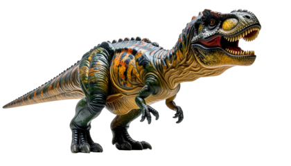 A dinosaur toy with vibrant orange, yellow and green stripes standing on an isolated black background