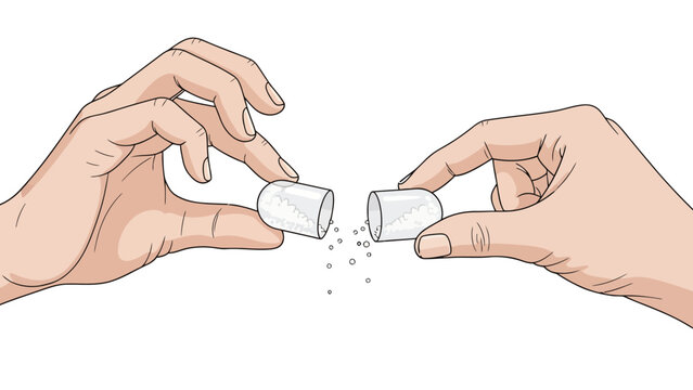 Hands holding open a capsule with powder spilling out