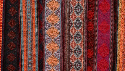 Close-up of vibrant traditional woven belts showcasing intricate patterns and colors
