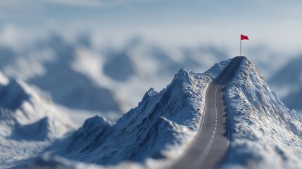 A winding road leads to a snowy mountaintop with a red flag waving in the breeze against a backdrop of soft clouds, concept for achieving goals, successful journey and business leadership