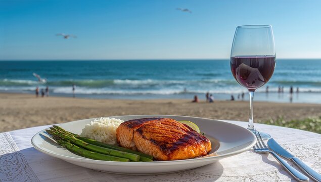 Grilled fish paired with green stalks and grains, accompanied by a wine glass overlooking the ocean.