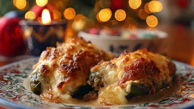 Close-up on Chiles Rellenos with Cheese and Meat in a Christmas Setting	