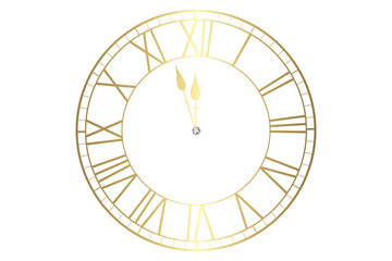 Golden clock showing midnight isolated on transparent background