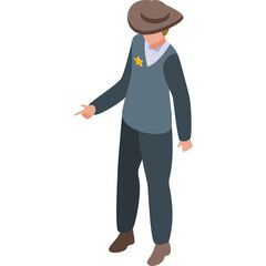 Sheriff Wearing A Cowboy Hat And Badge Standing On A Transparent Background Indicating A Direction With His Finger In A Detailed Isometric Illustration