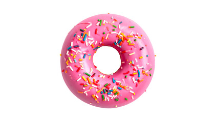 A doughnut with a pink glaze, topped with colorful sprinkles, isolated on a black background, studio shot