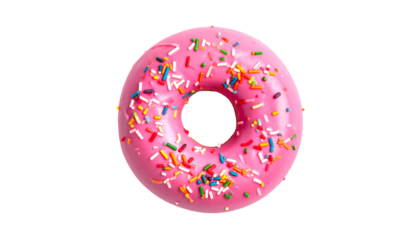 A doughnut with a pink glaze, topped with colorful sprinkles, isolated on a black background, studio shot