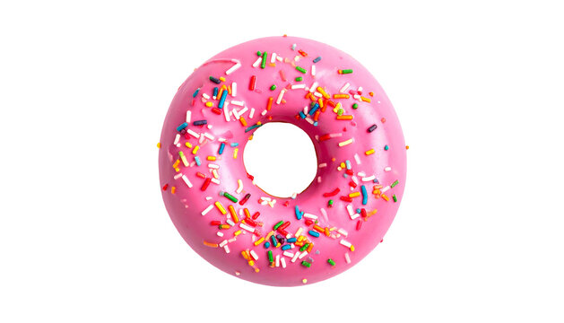 A doughnut with a pink glaze, topped with colorful sprinkles, isolated on a black background, studio shot