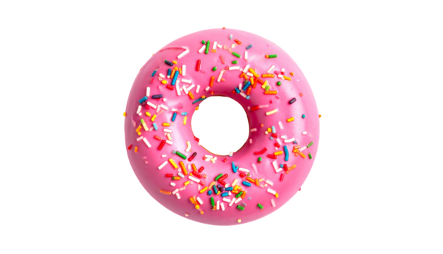 A doughnut with a pink glaze, topped with colorful sprinkles, isolated on a black background, studio shot
