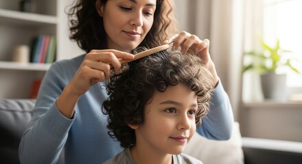 Mother lovingly combs her child's curly hair in a cozy living room during the morning routine