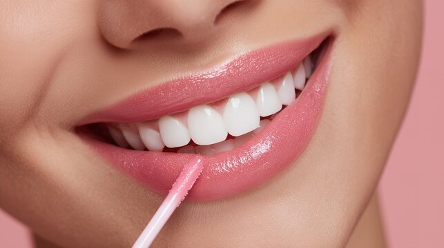 Close-up of a woman applying pink lip gloss to her lips and showing her white teeth, concept for beauty products, cosmetic advertising and makeup tutorials