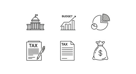 Collection of Financial and Governmental Icons Representing Budget, Tax, and Government Buildings.
