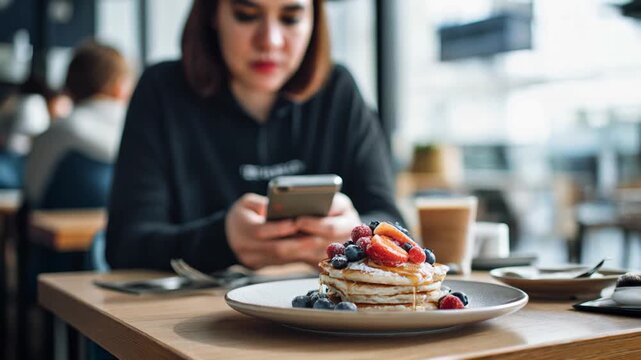 Delicious Stack of Pancakes with Fresh Berries and Syrup, with a Young Woman Using a Phone in the Background. Zoom Out.