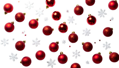 A festive scene featuring red ornaments and white snowflakes scattered against a stark black background