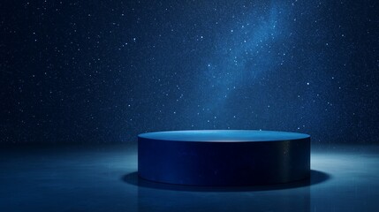 Minimal blue podium stage with reflective surface and star-filled backdrop, illuminated by spotlight, concept for product showcase, cosmic event display and futuristic presentation platform