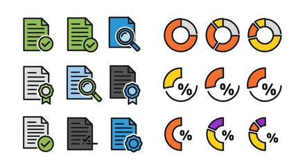 Collection of Flat Design Icons Representing Documents, Charts, and Data Analysis.