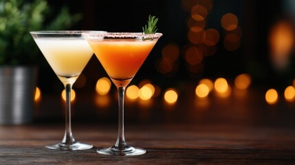 Office, christmas, party, Two cocktails elegantly displayed with warm bokeh background.