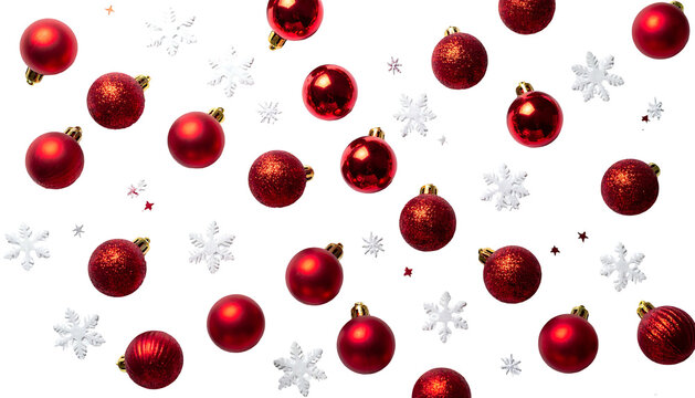 A festive scene featuring red ornaments and white snowflakes scattered against a stark black background