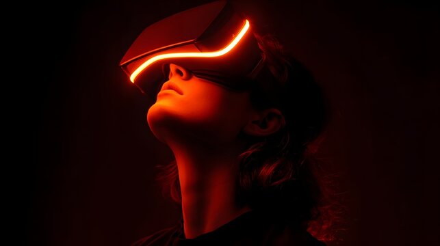 Individual wearing a head mounted display device illuminated by intense reddish light against a dark backdrop